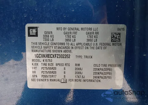 2015 Chevrolet Silverado 1500 1Lt из США, поврежденный, VIN 1GCVKRECXFZ302262